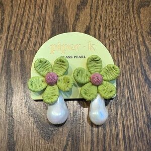 Flower and Pearl Statement Earrings Green